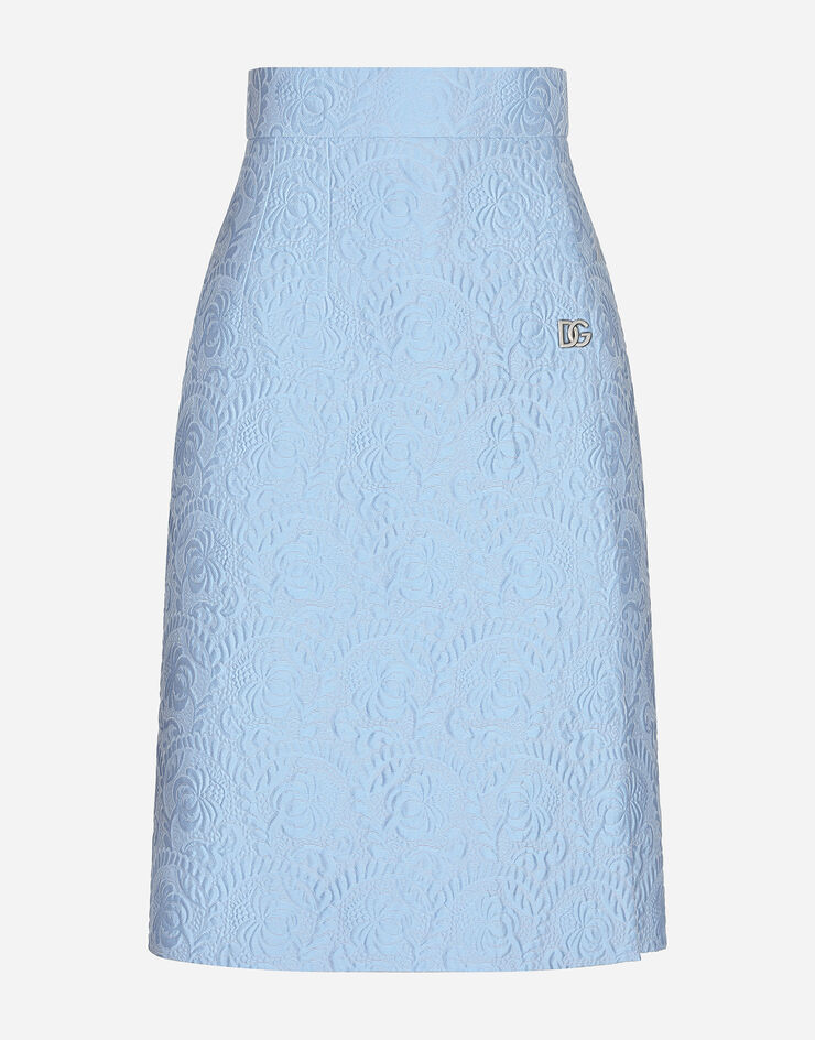 Dolce & Gabbana Jupe midi en jacquard floral matelassé à logo DG Bleu Ciel F4CJ2THJMOK