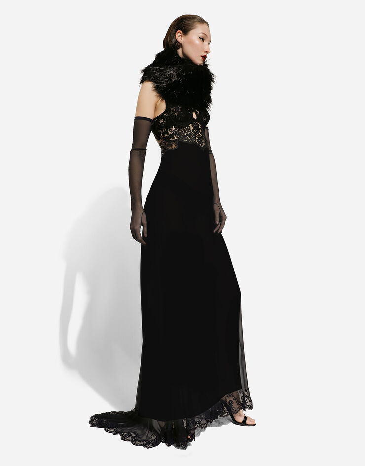Dolce&Gabbana Langes Kleid aus Seidenchiffon und Oberteil aus Spitze Schwarz F6DKITFU1AT