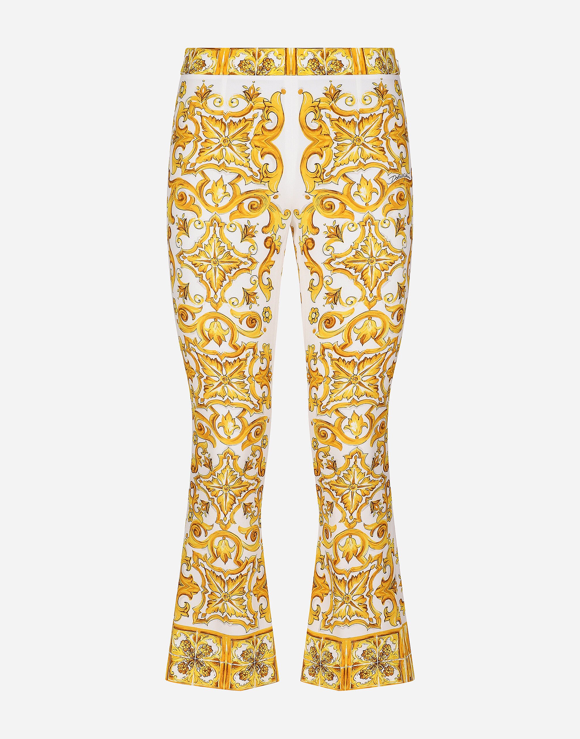 Dolce & Gabbana Pantalón trompeta en charmeuse de seda con estampado Maiolica Imprima F6AEITHH5A1