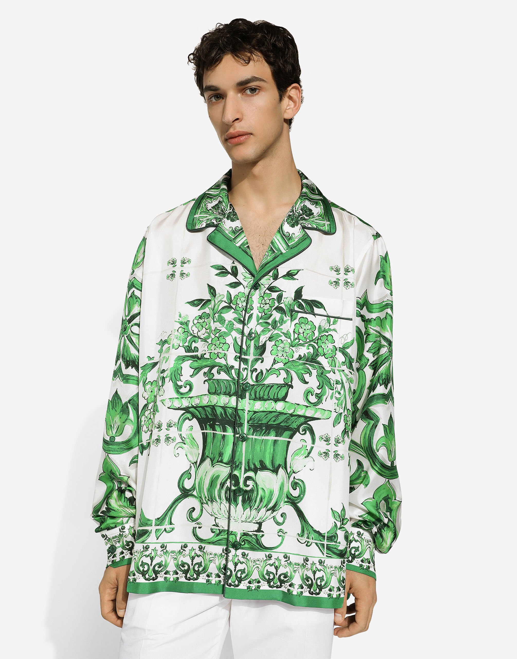 Silk twill shirt with majolica print in Print for | Dolce&Gabbana® US
