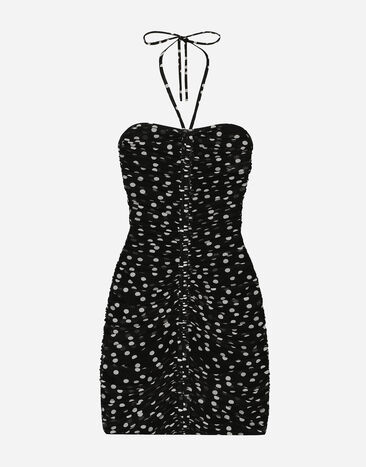 Dolce & Gabbana Kurzes drapiertes Kleid aus Tüll Punkteprint Drucken F5P61TFSFNR