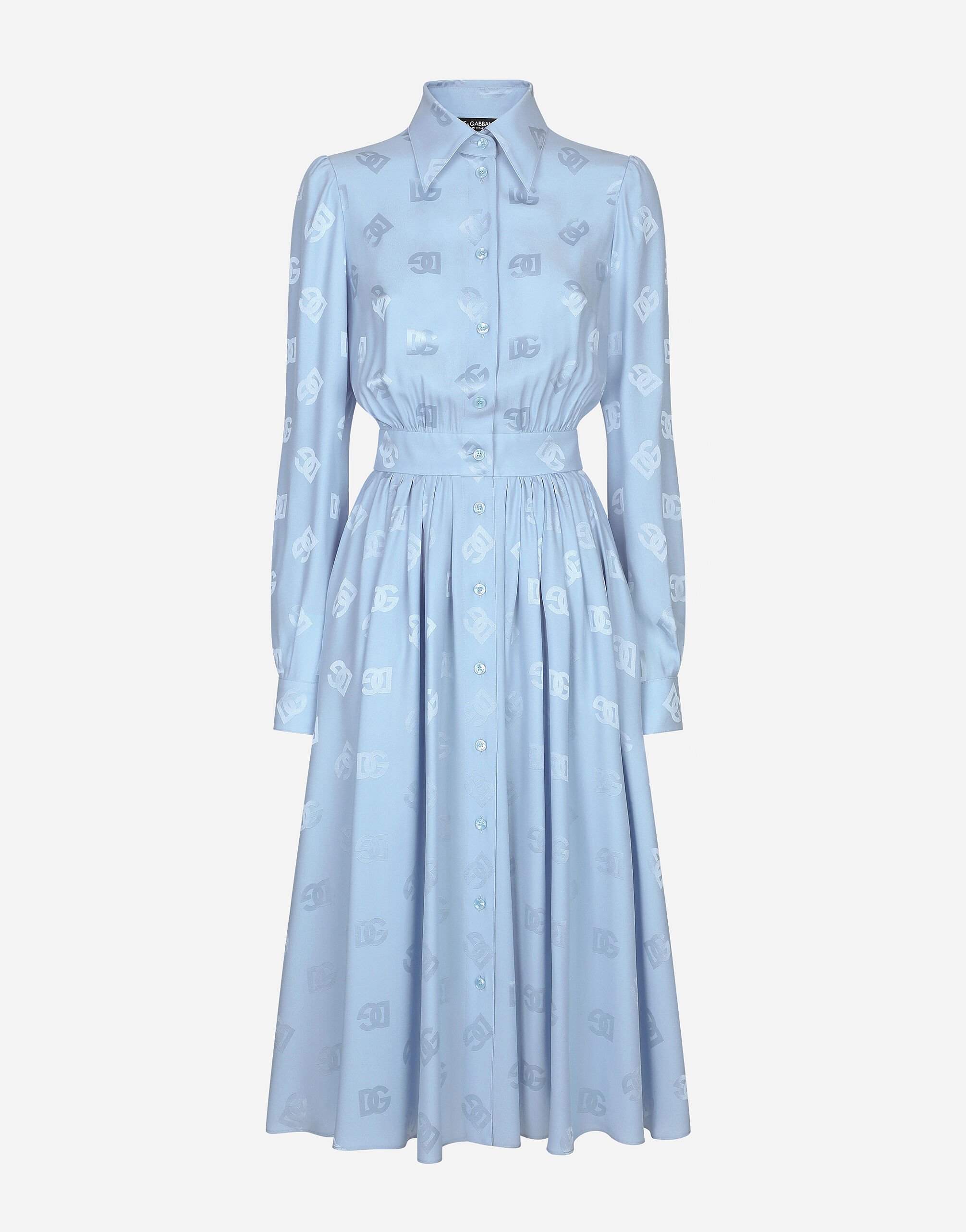 ${brand} Silk satin jacquard shirt dress with DG logo ${colorDescription} ${masterID}