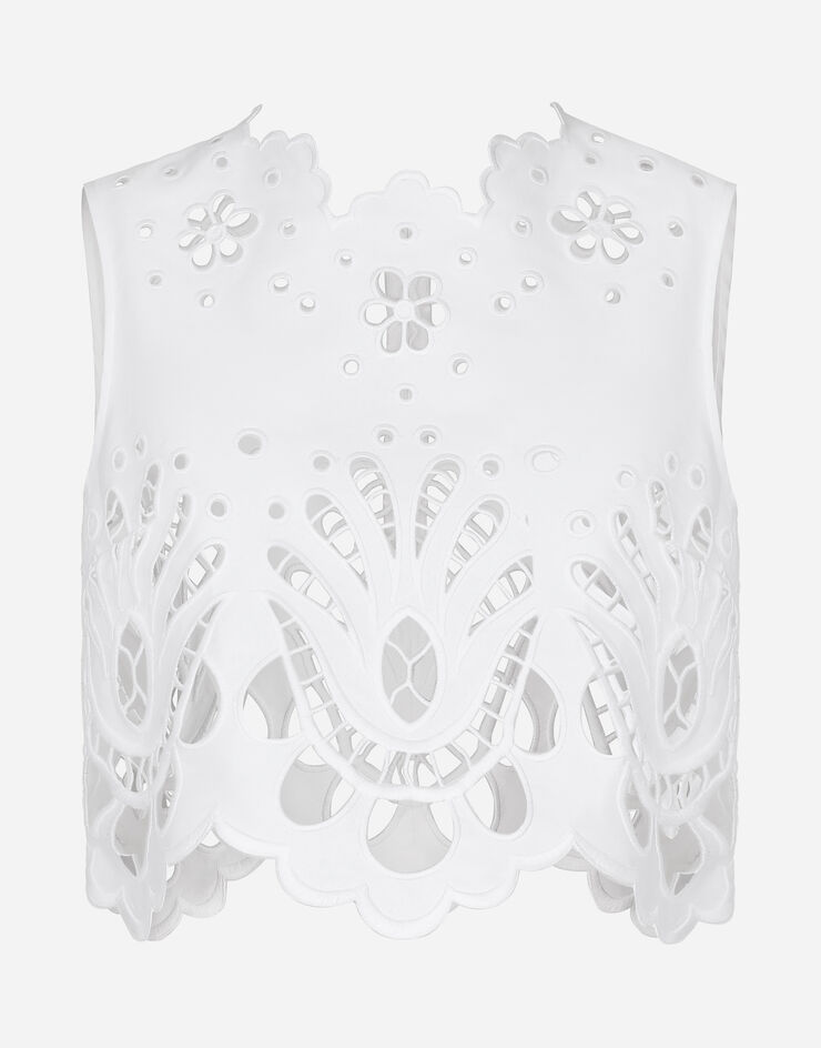 Dolce & Gabbana Kurzes Top aus Baumwolle mit Cut-out-Stickerei Weiss F79FSZGDCJP