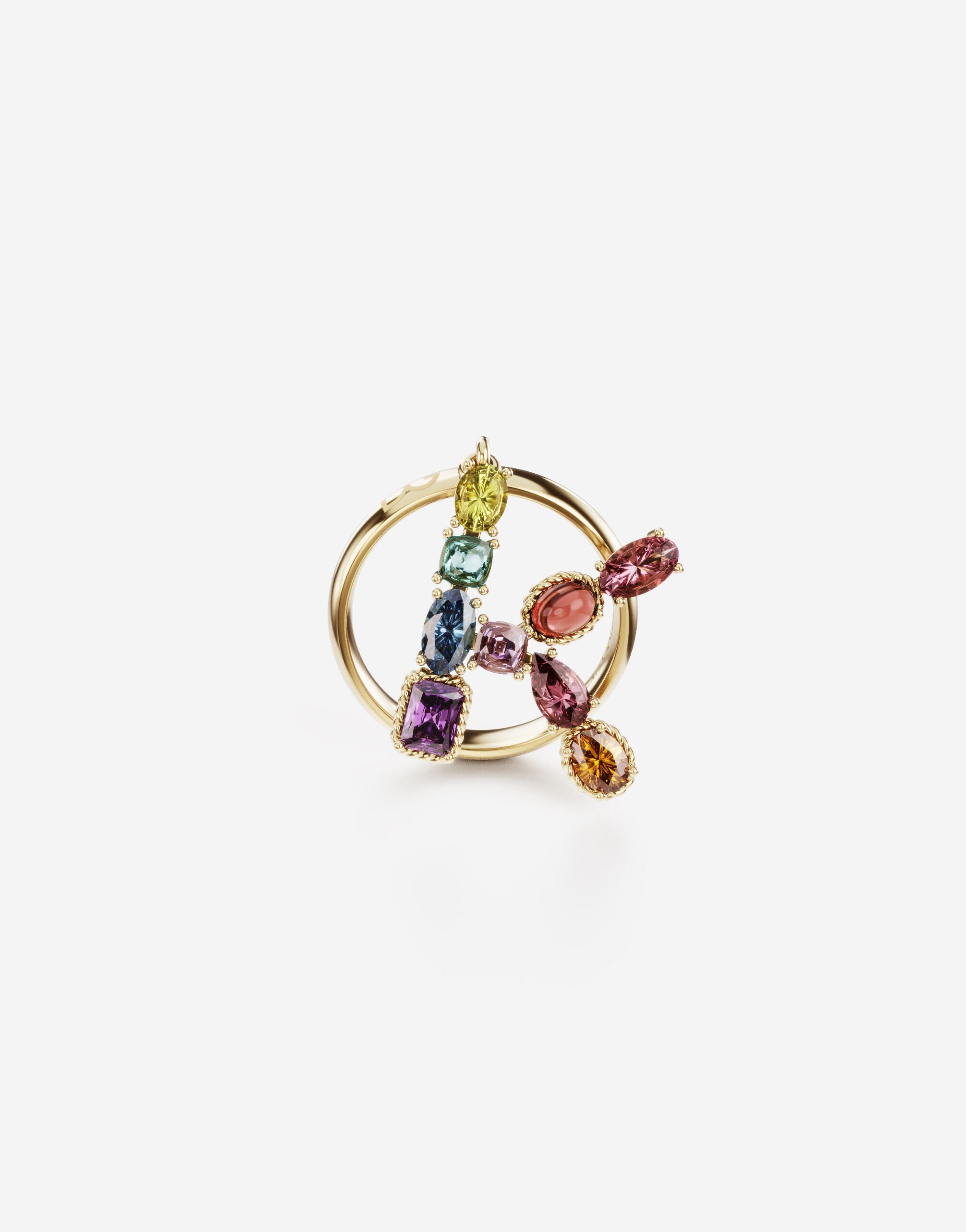 ${brand} Rainbow alphabet K ring in yellow gold with multicolor fine gems ${colorDescription} ${masterID}