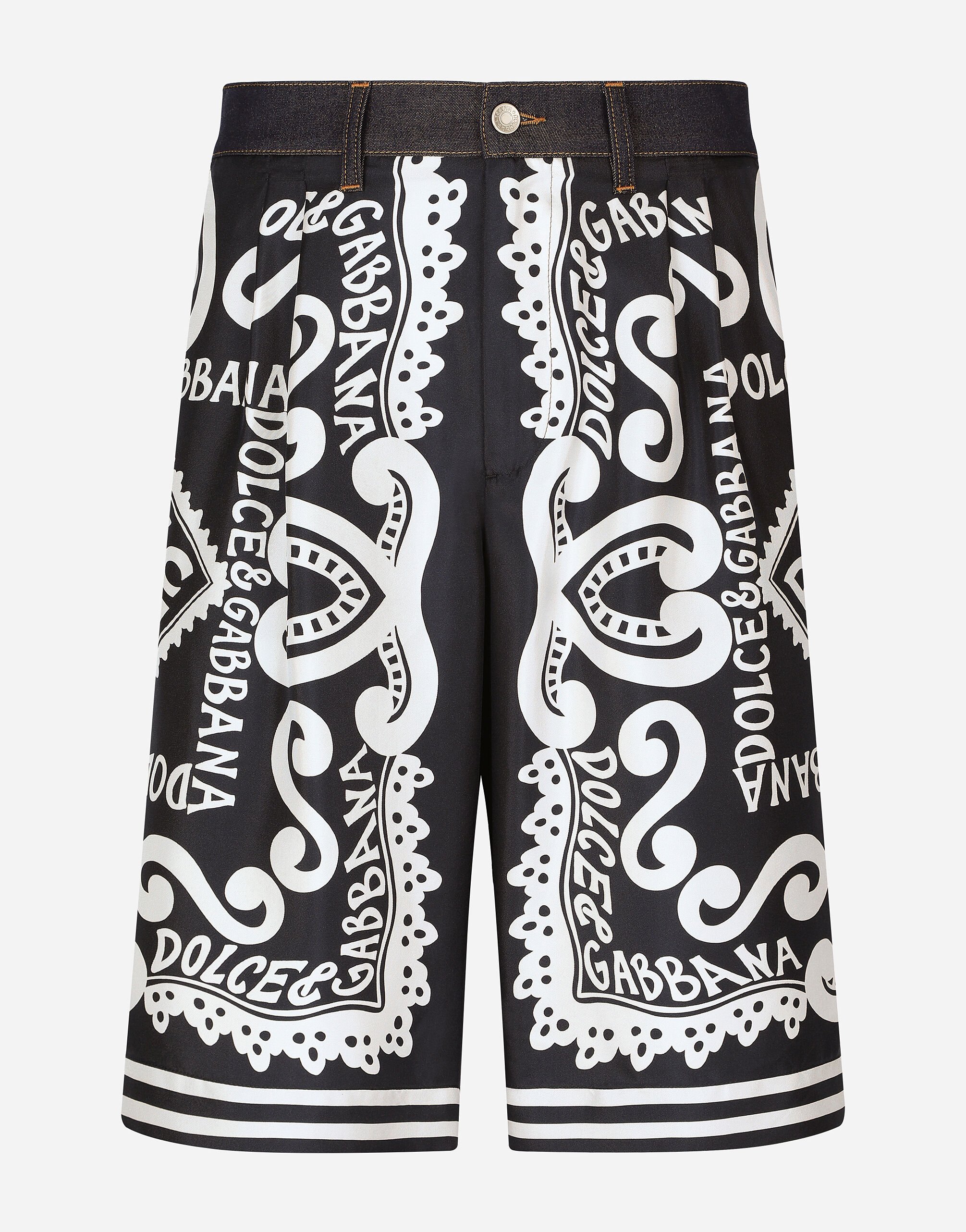 ${brand} Silk and stretch denim shorts with Marina print ${colorDescription} ${masterID}