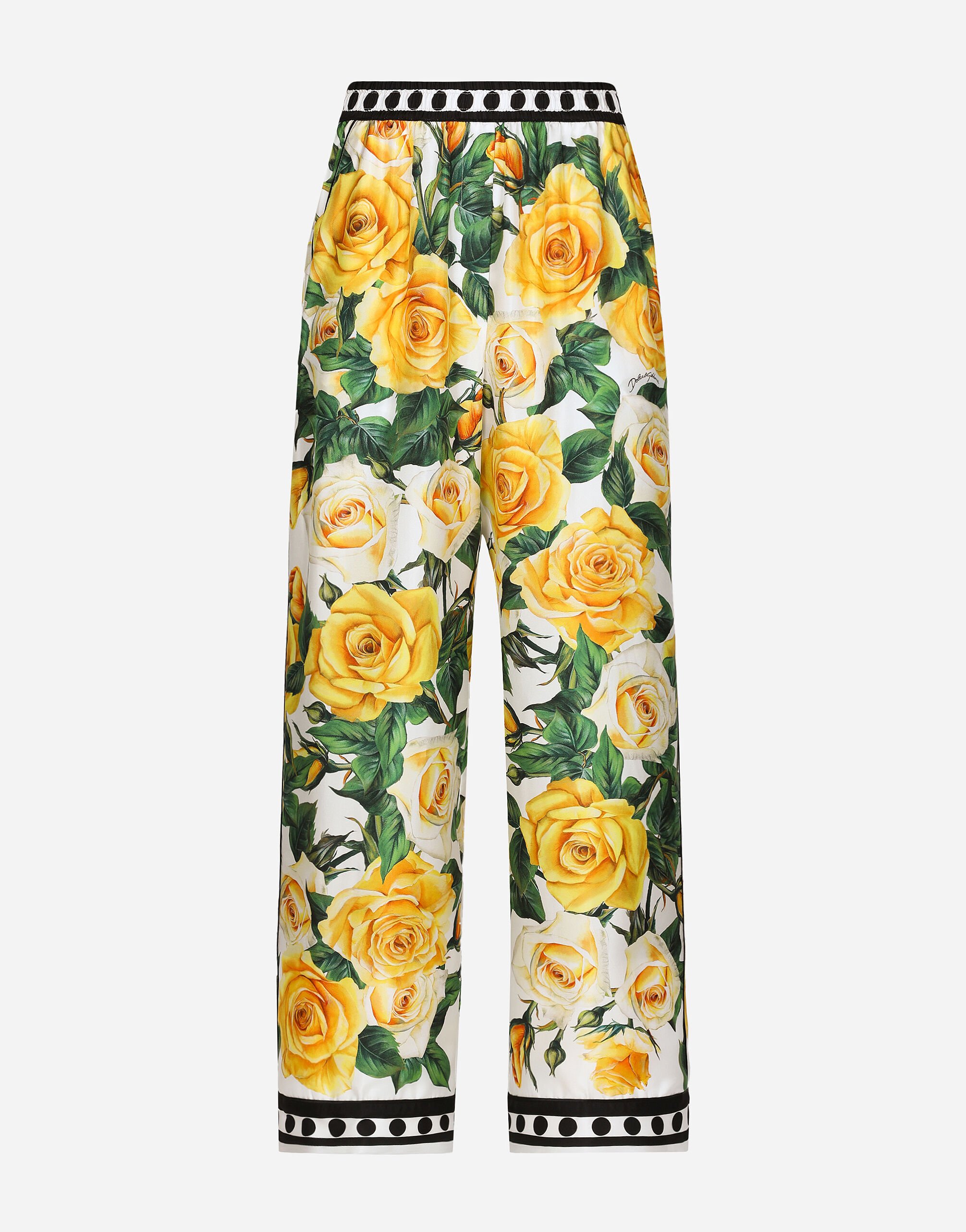 ${brand} Silk pajama pants with rose print yellow ${colorDescription} ${masterID}