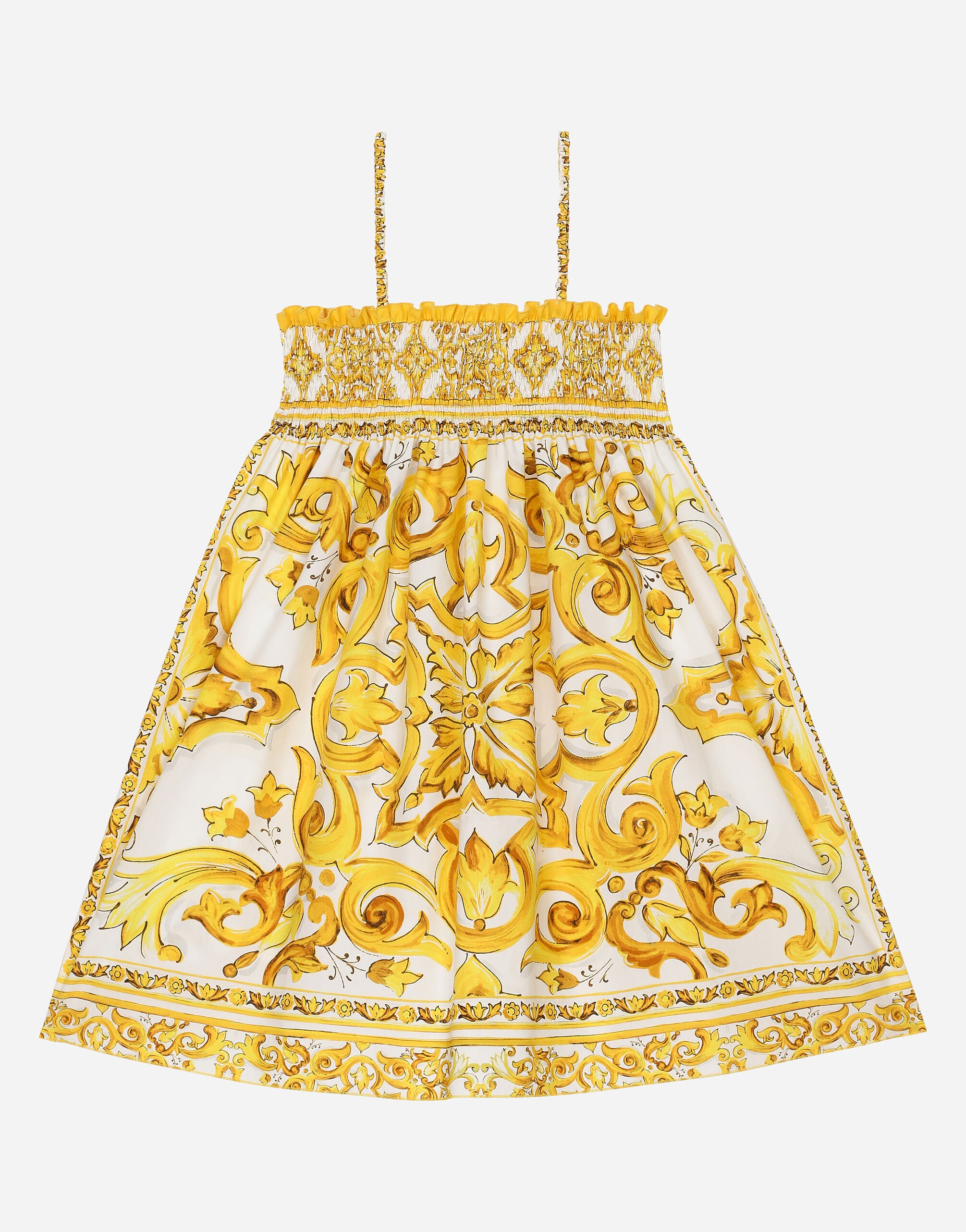 Dolce & Gabbana فستان بوبلين بطبعة ماجوليكا صفراء مطبعة LB7A22HI1T5