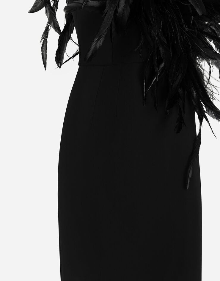 Dolce & Gabbana Long one-shoulder stretch cady dress with feathered neckline Black F6JRFTFUIAH