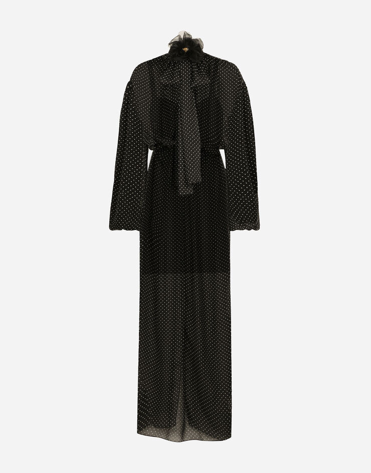 Dolce & Gabbana Robe longue en mousseline de soie avec imprimé à pois, nœud et fleur sur le col Imprimé F6JGYTIS1S1