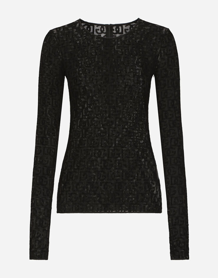 Tulle T-shirt with all-over DG logo in Black for Women | Dolce&Gabbana®