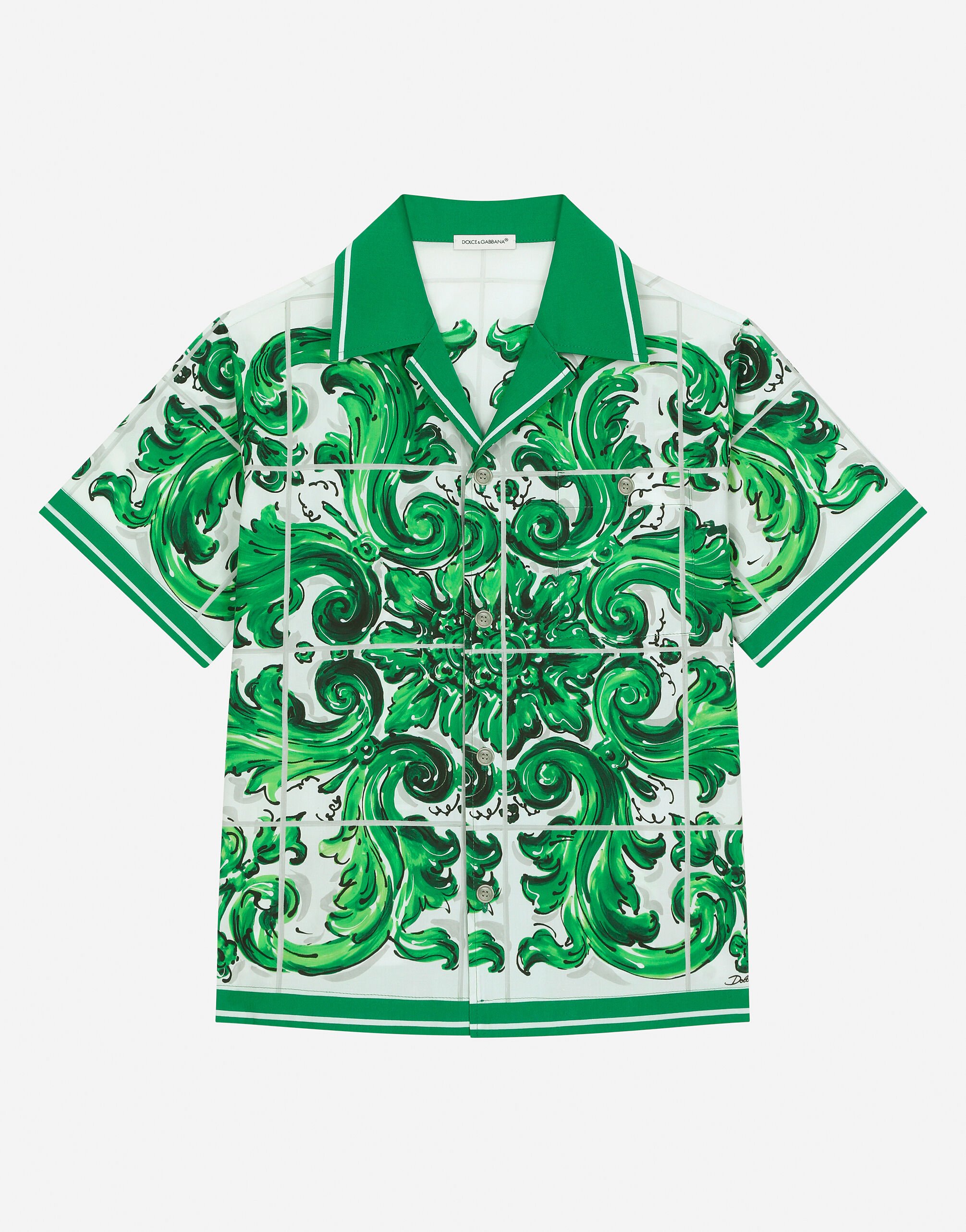 Dolce & Gabbana Poplin shirt with green majolica print Print L55S67G7EY3