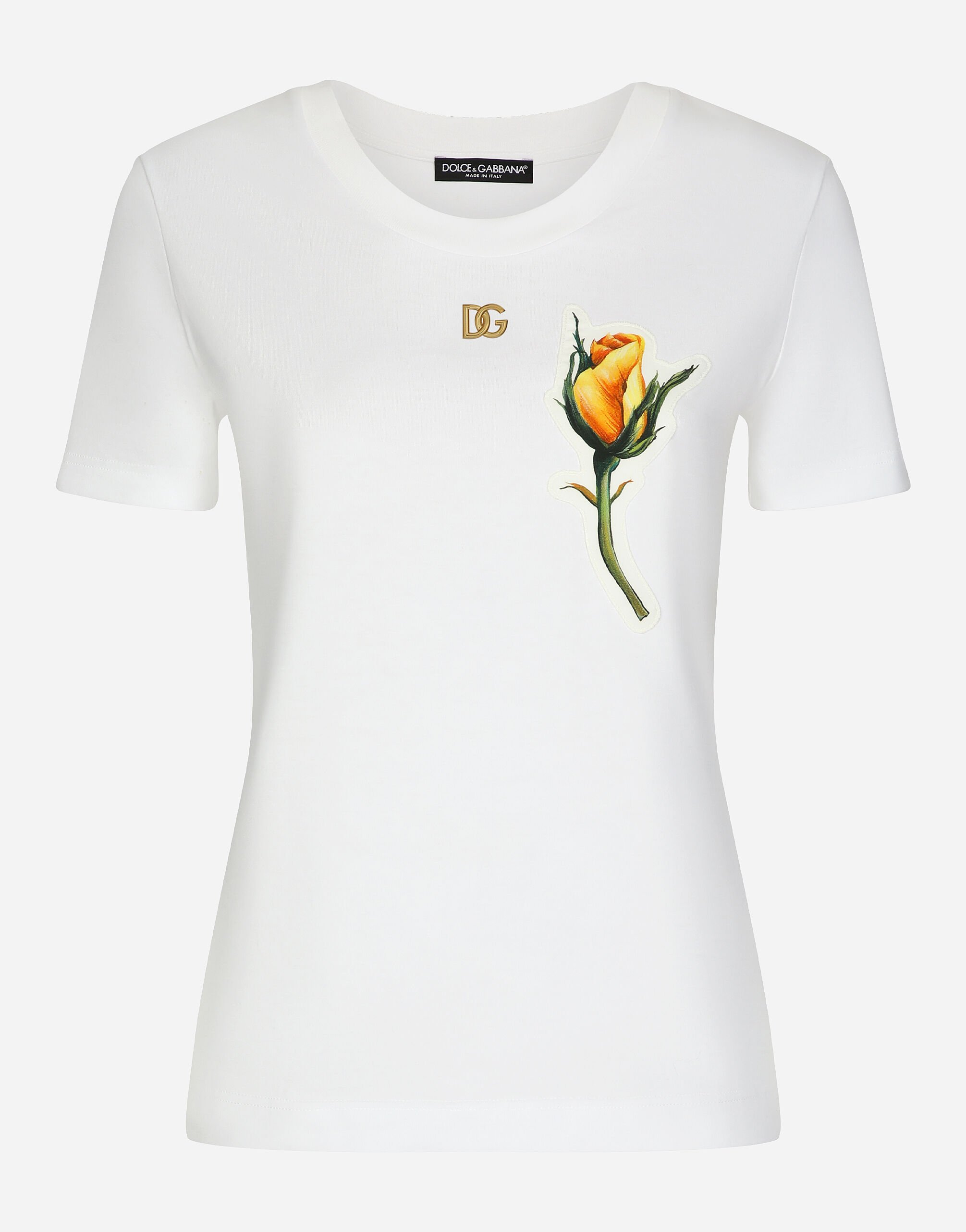 Dolce & Gabbana T-Shirt aus Jersey mit DG-Logo und Stickpatch gelbe Rosen Weiss F8V06TGDCK6