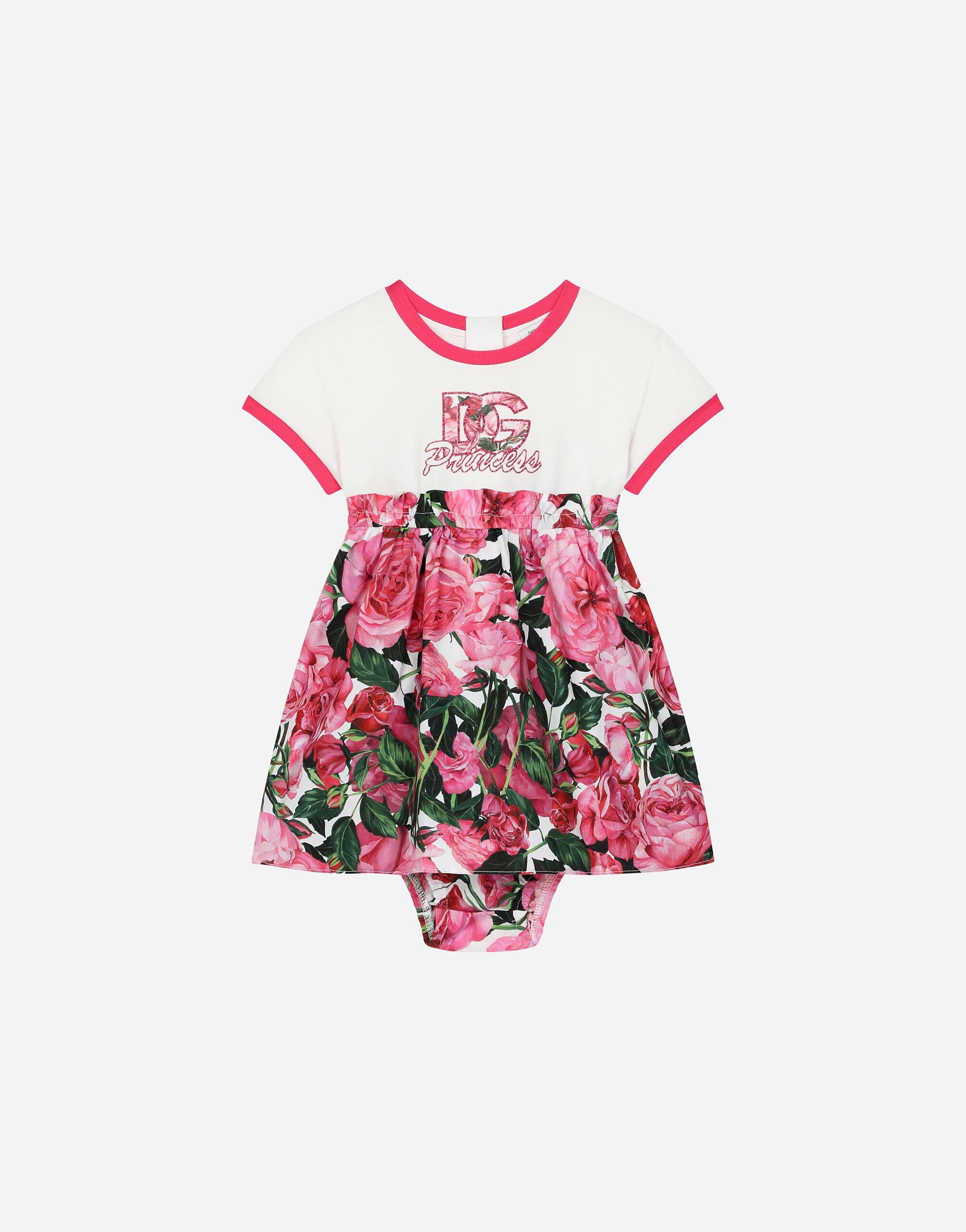 ${brand} Poplin and jersey dress with rose print over a white background ${colorDescription} ${masterID}