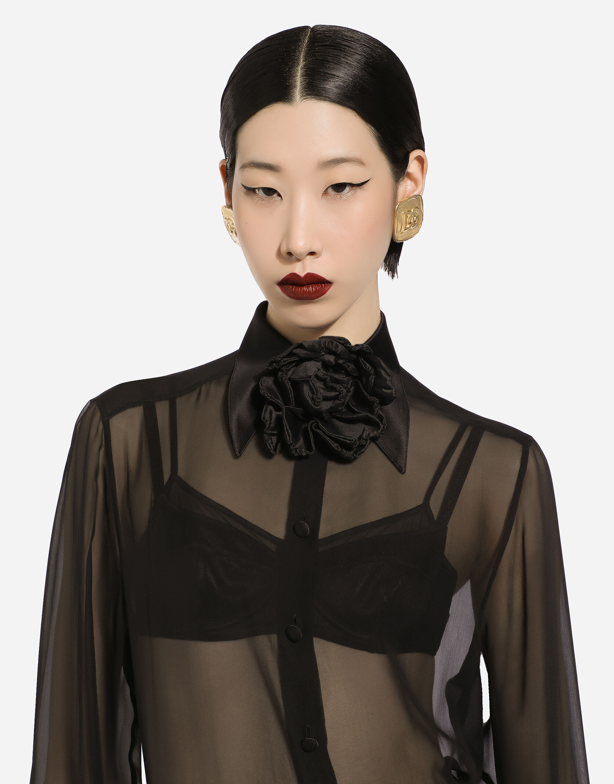 Silk chiffon shirt with satin details in Black for | Dolce&Gabbana® US