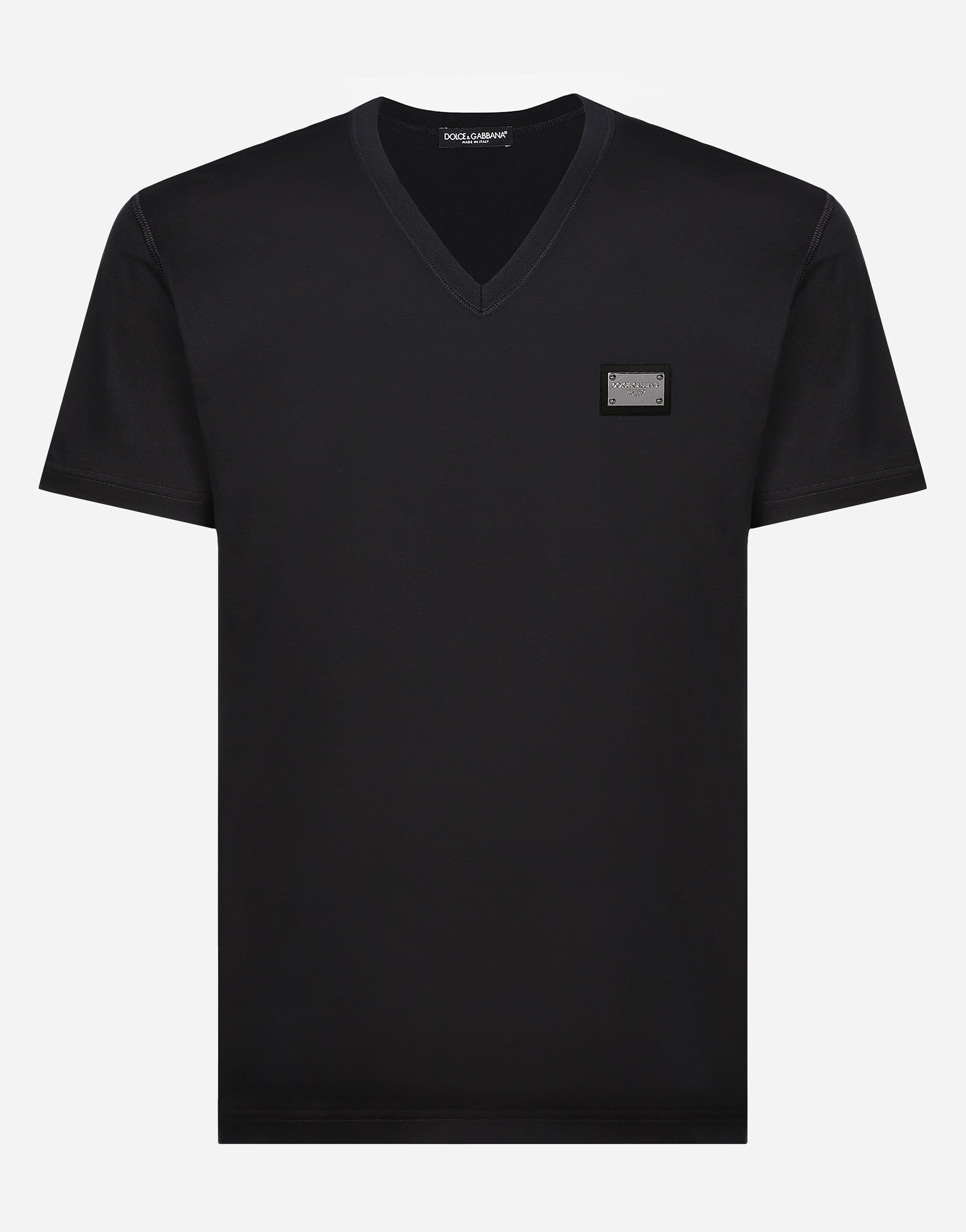 Dolce & Gabbana Baumwoll-T-Shirt V-Ausschnitt mit Logoplakette Beige G9AOGTGH459