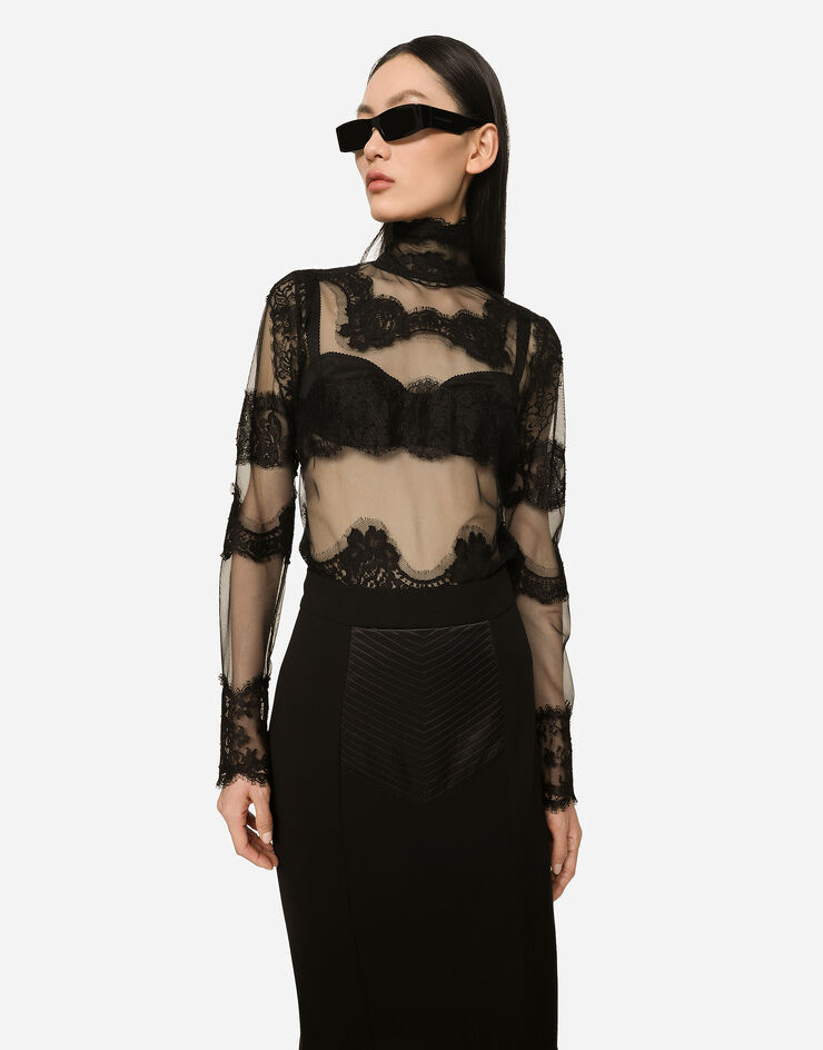 Tulle turtle-neck top with lace inserts in Black for Women | Dolce&Gabbana®