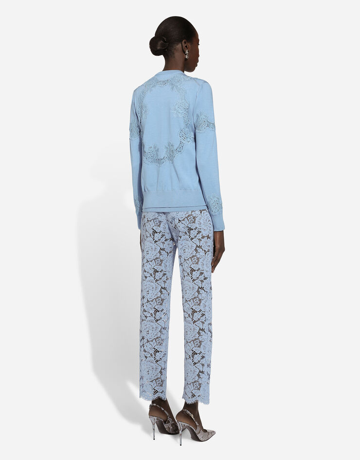 Dolce & Gabbana Tailored branded floral cordonetto lace pants with DG logo Light Blue FTAM2THLM7L