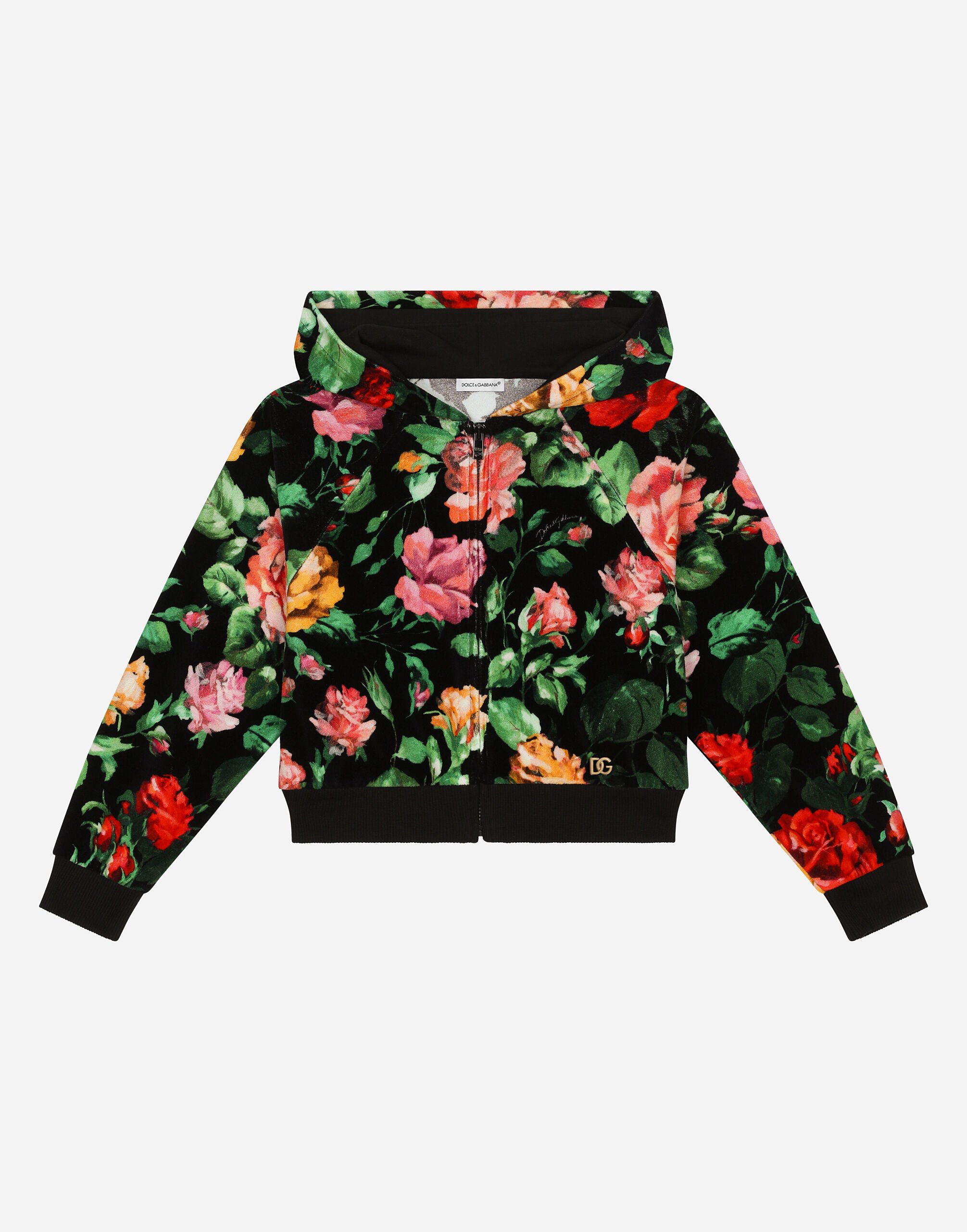 ${brand} Chenille hoodie with rose print over a black background ${colorDescription} ${masterID}