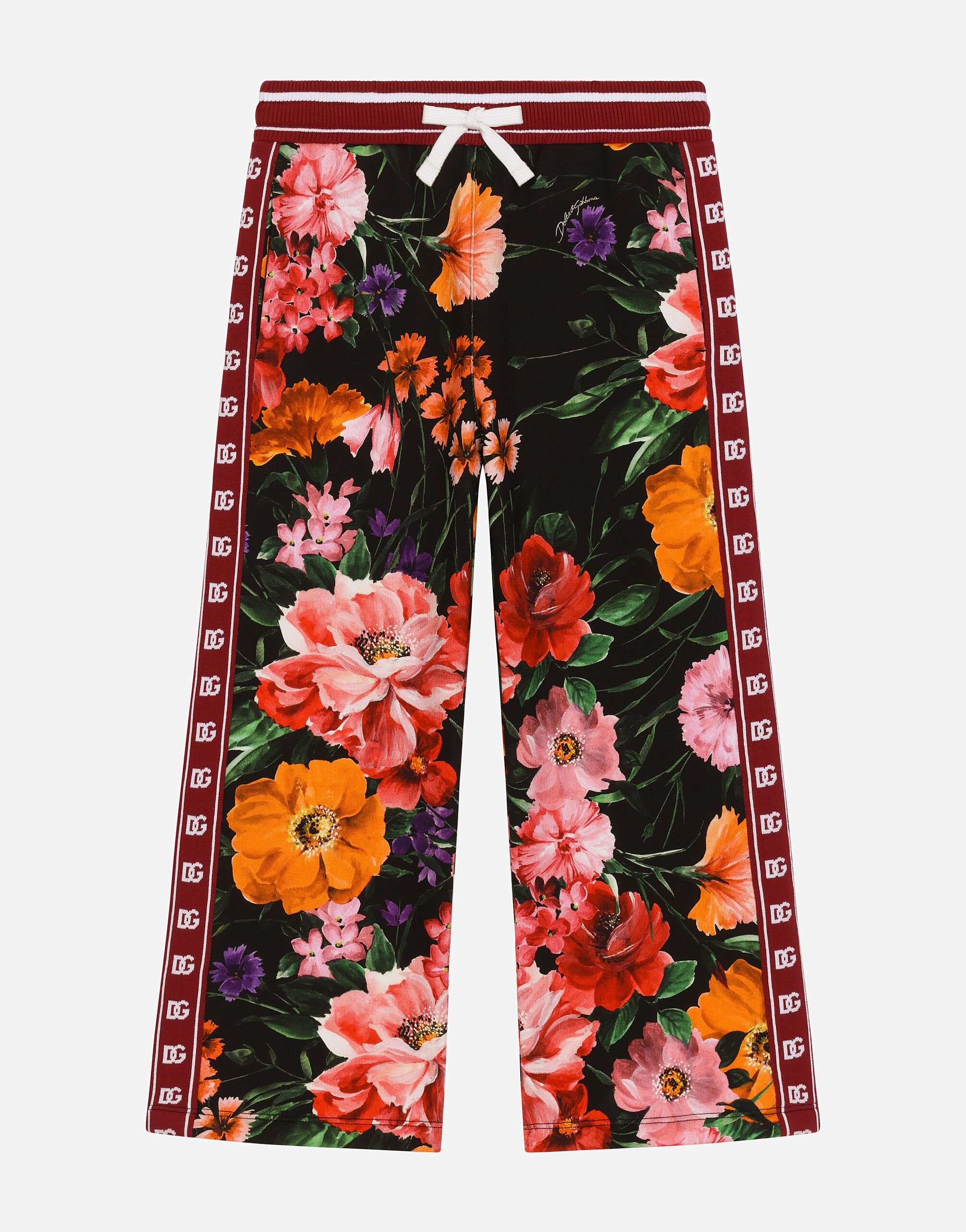 ${brand} Jersey jogging pants with floral print over a black background ${colorDescription} ${masterID}