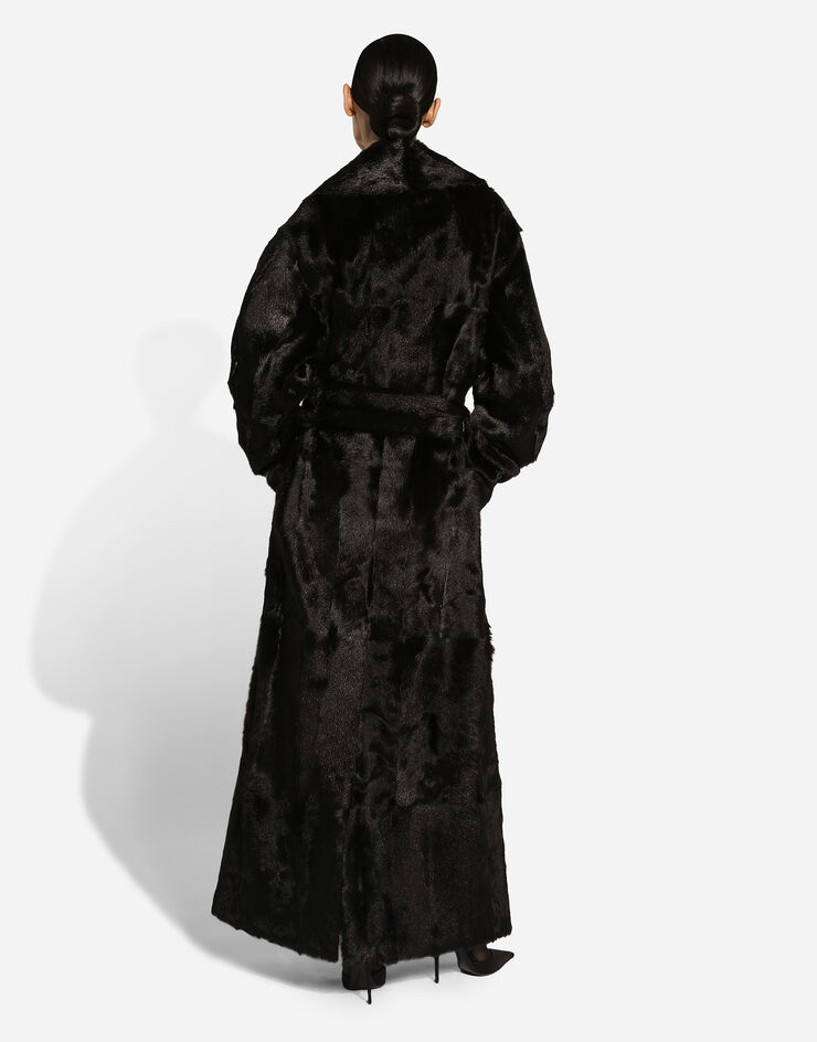 Dolce & Gabbana Goatskin coat with belt Black F0G1HFFUP9E