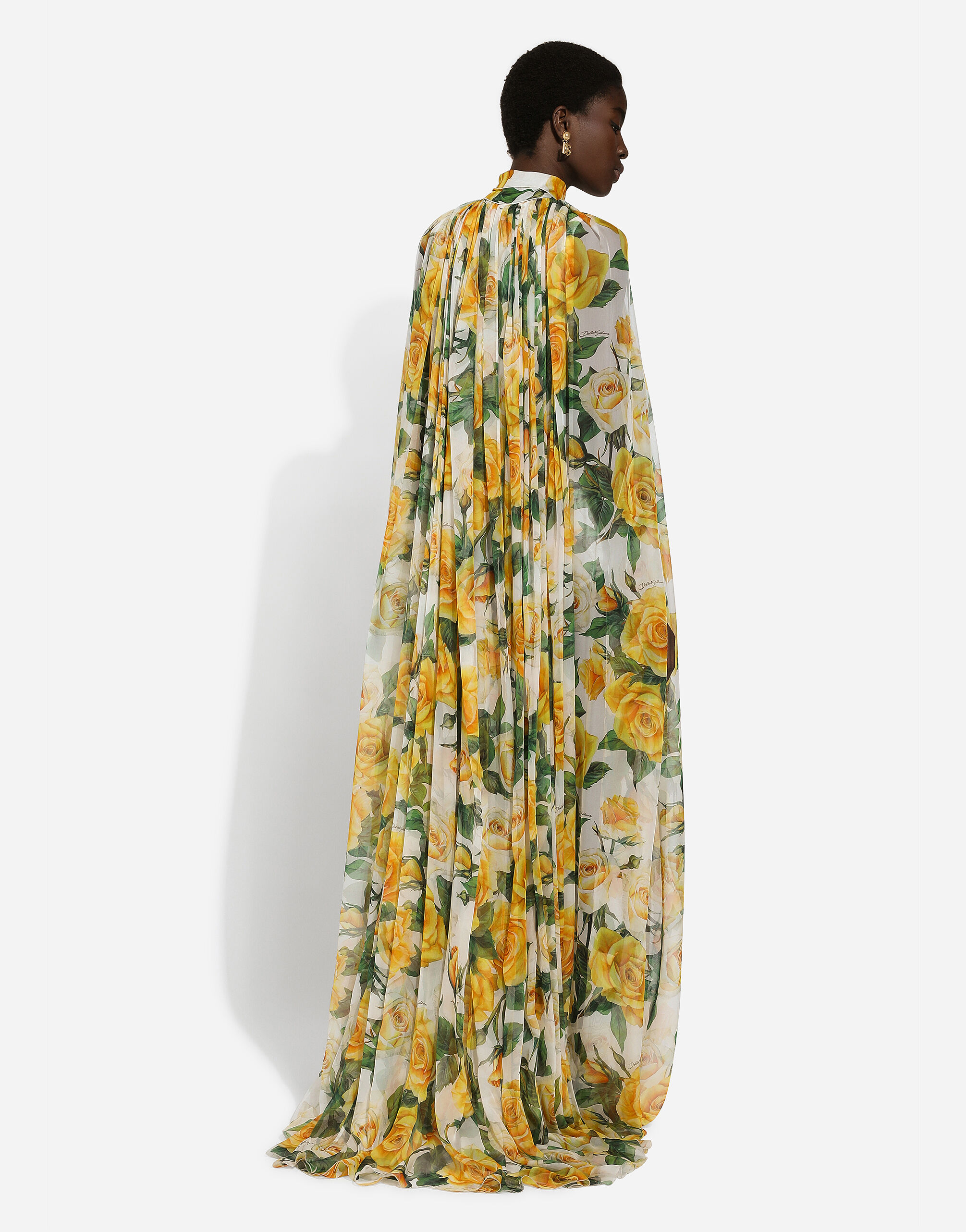 Silk chiffon cape with yellow rose print in Print for Women | Dolceu0026Gabbana®