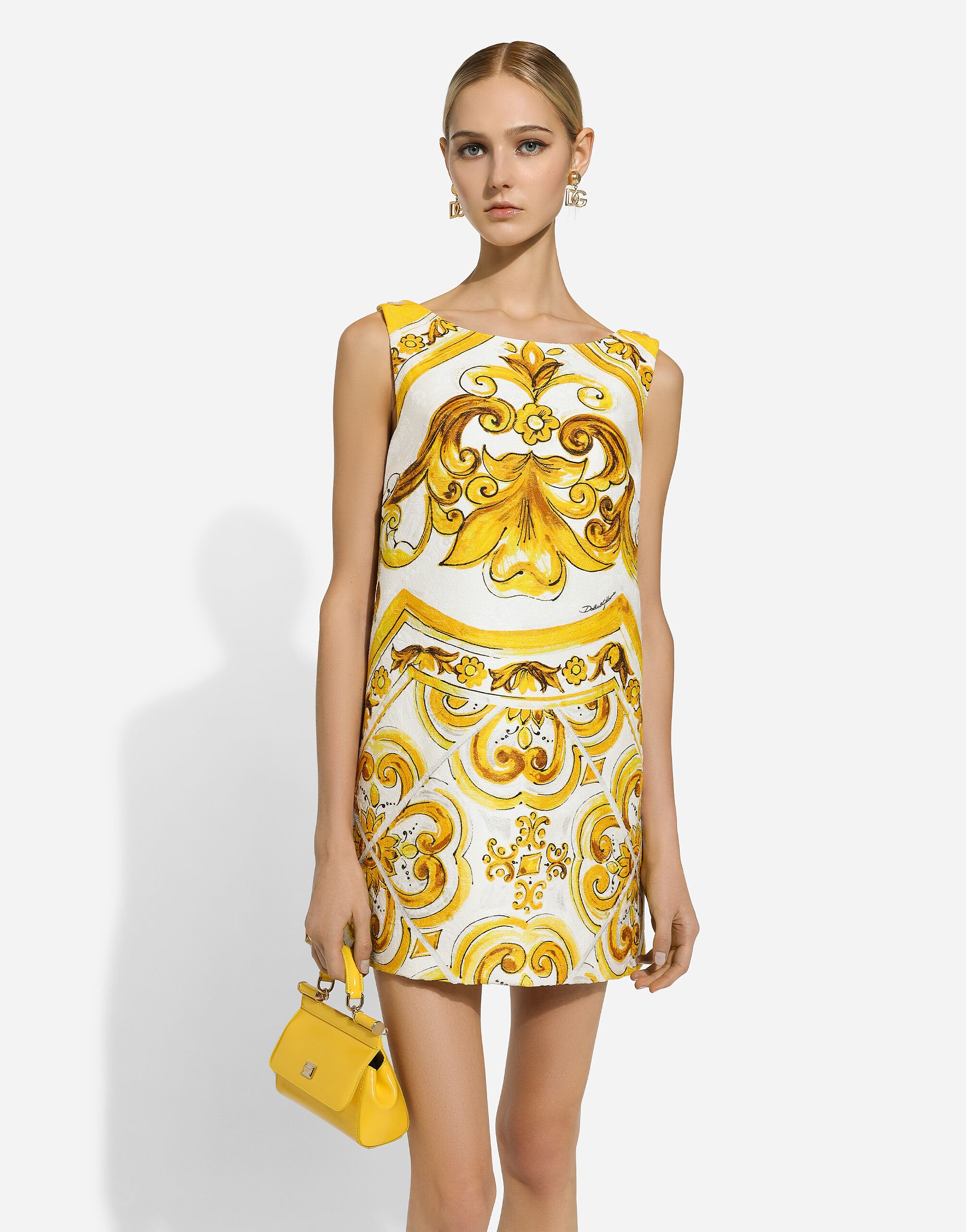 Short majolica-print brocade dress in Print for Women | Dolce&Gabbana®