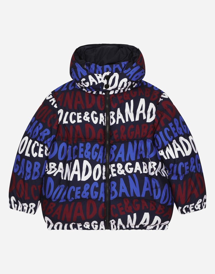 Dolce & Gabbana Short nylon down jacket with Dolce&Gabbana print Blue L4JB6FG7NUW