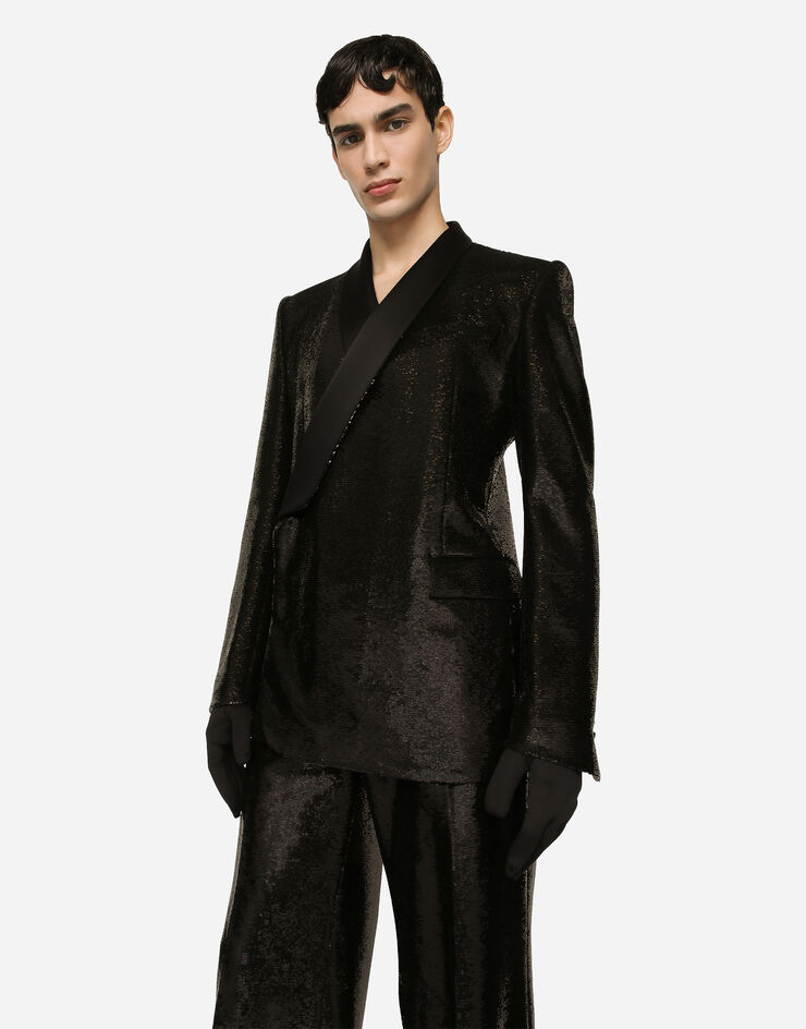 Dolce & Gabbana Двубортный пиджак-смокинг Sicilia из пайеток черный G2RR4TFLSIM