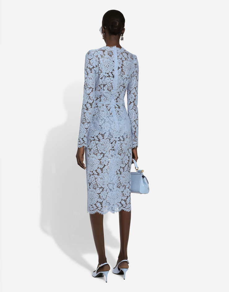 Dolce & Gabbana Calf-length sheath dress in branded floral cordonetto lace Light Blue F6M0DTHLM7L