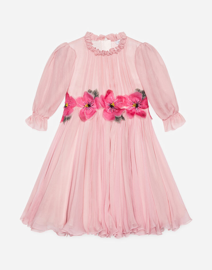 Chiffon dress with embroidered flowers in Pink | Dolce&Gabbana®