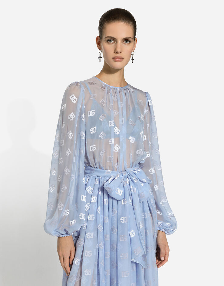 Dolce & Gabbana Robe mi-longue en soie jacquard dévorée à logo DG Bleu Ciel F6AOJTFJTBR