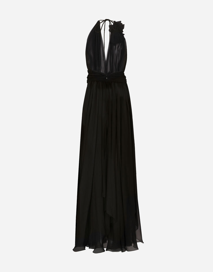 Dolce&Gabbana Long silk chiffon dress with floral appliqué Nero F6DJSTFU1AT