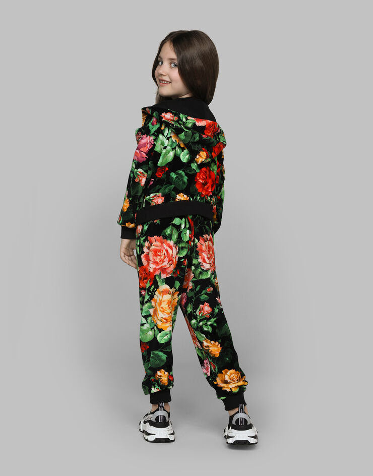 Dolce & Gabbana Kapuzensweatshirt aus Chenille mit Rosenprint auf schwarzem Grund Drucken L5JWBBHS7O9