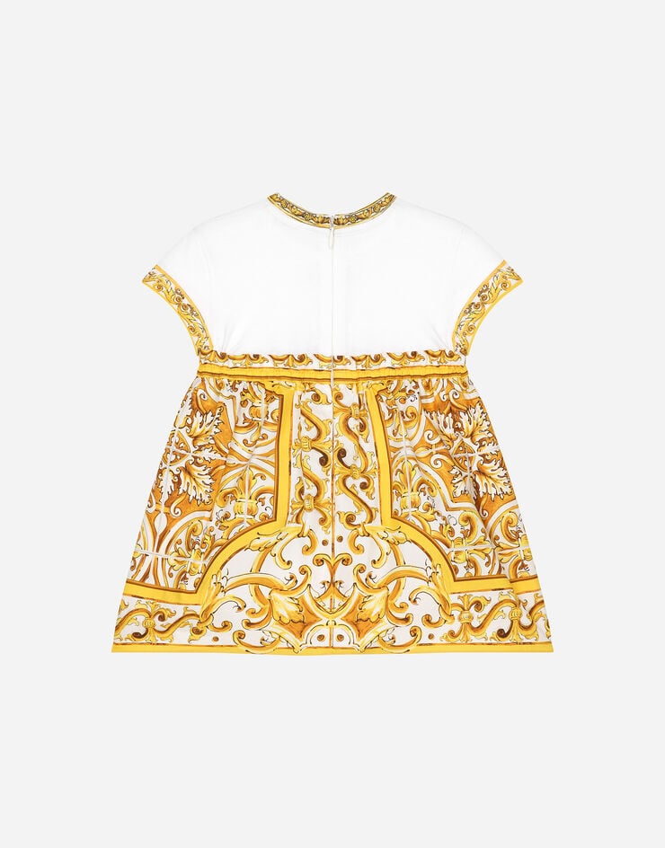 Dolce & Gabbana 옐로 마욜리카 프린트 포플린 & 저지 드레스 인쇄 L2JDZ1G7NUL
