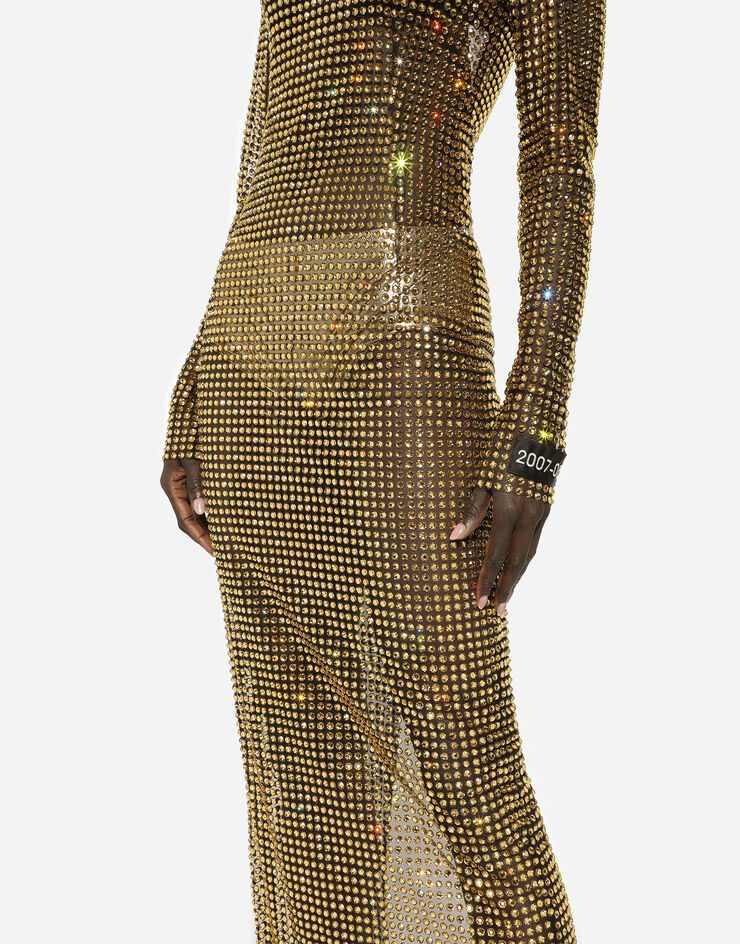 Dolce&Gabbana Langes Kleid mit Thermostrass-Stickerei allover auf Tüll Mehrfarbig F6DJXZGDB3I