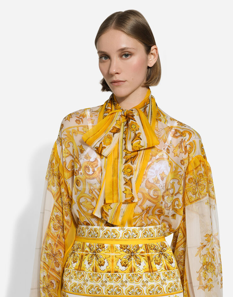 Dolce & Gabbana Chiffon pussy-bow shirt with majolica print Print F5P73THI1L9