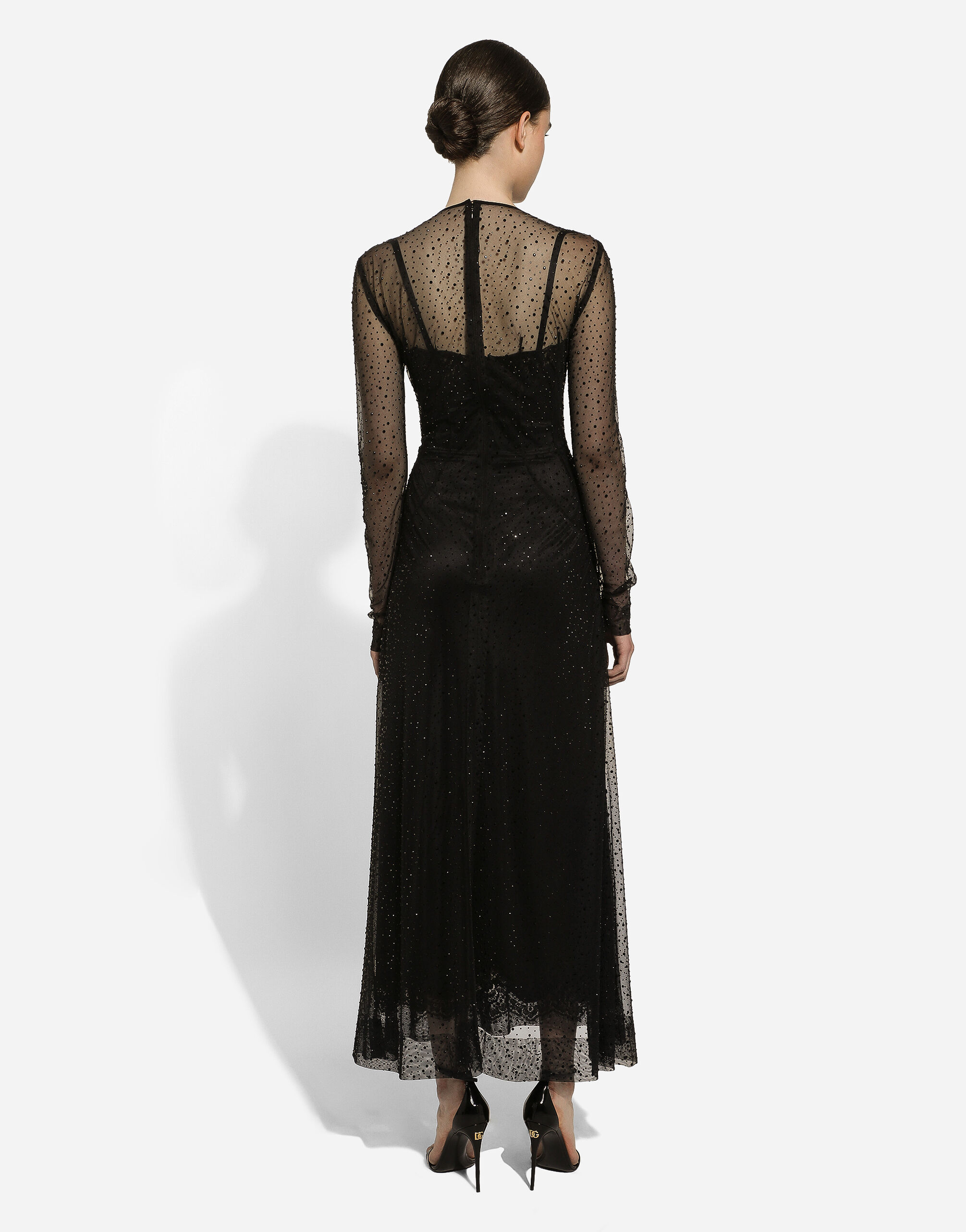 Long tulle dress with fusible rhinestone embellishment in Black 