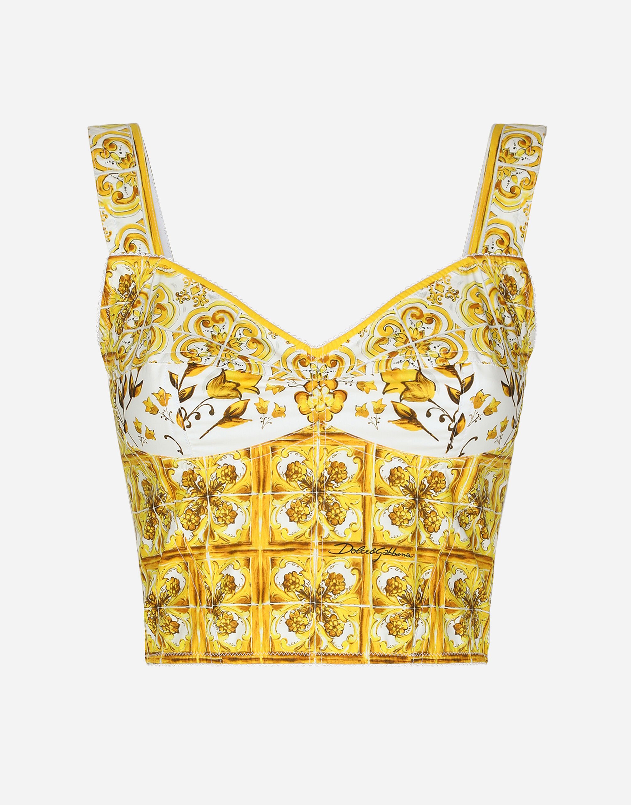 Dolce & Gabbana Cotton corset top with majolica print Green BM2335AG182