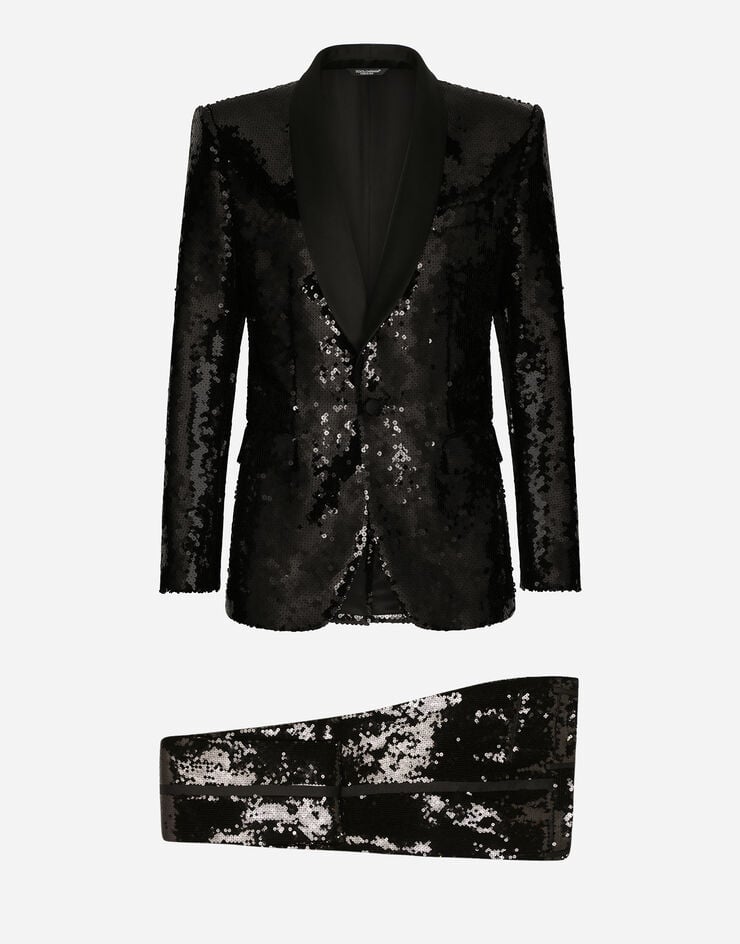 Dolce & Gabbana シングルブレストタキシードスーツ シチリアフィット スパンコール ブラック GKOSMTFLSEP