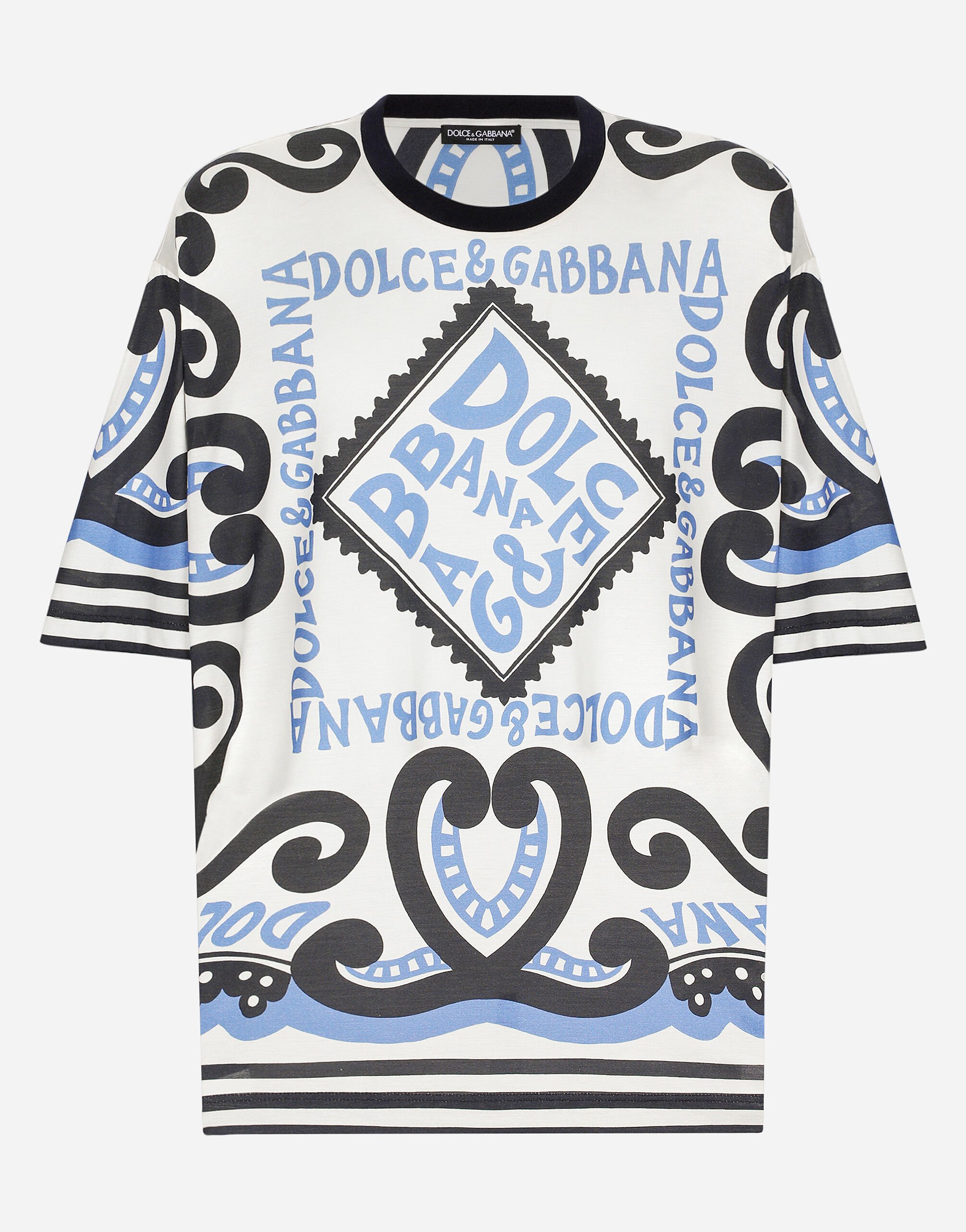 Dolce & Gabbana Short-sleeved silk T-shirt with Marina print Azure M4A06TFHMU0