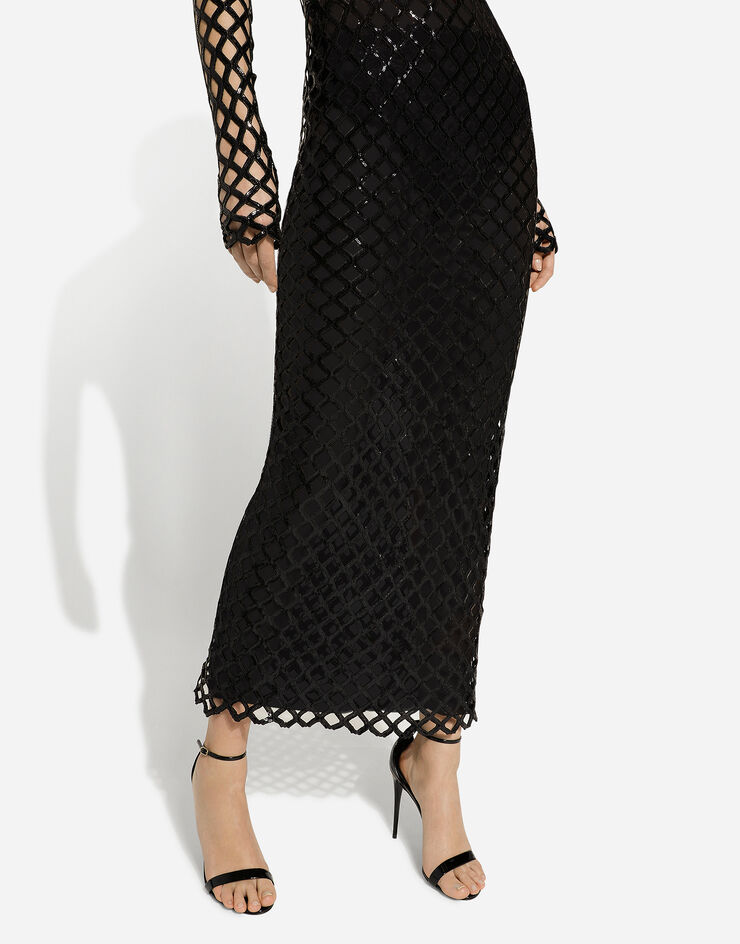 Dolce & Gabbana Длинное сетчатое платье с вышивкой пайетками черный F6DFDTFLSIO