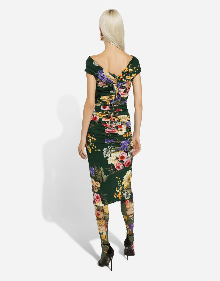 Dolce & Gabbana Charmeuse draped sheath dress with garden print Print F6FAETFSA57