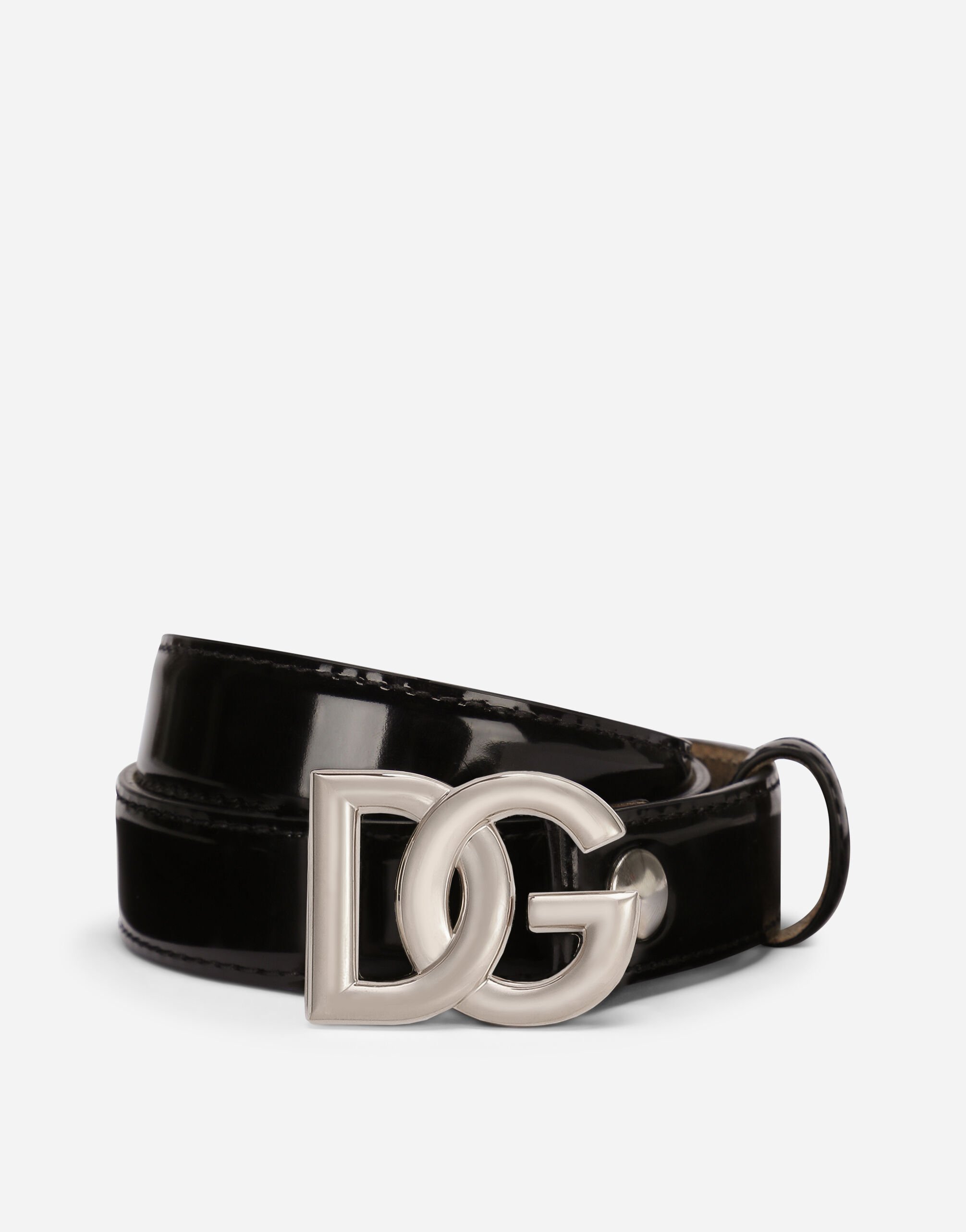 Dolce & Gabbana Shiny calfskin belt with DG logo Black BI1261AW576