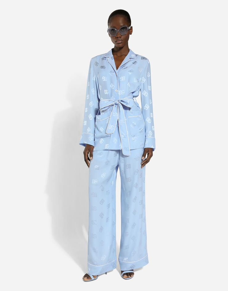 Dolce & Gabbana Long-sleeved silk satin jacquard pajama shirt with DG logo Azure F5I89TFJ1JO