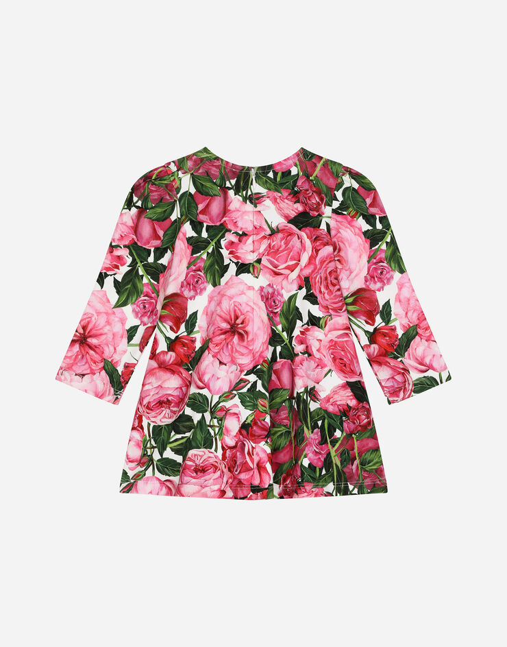 Dolce & Gabbana Kleid aus Interlock mit Rosenprint auf weißem Grund Drucken L2JD9GHS7O8