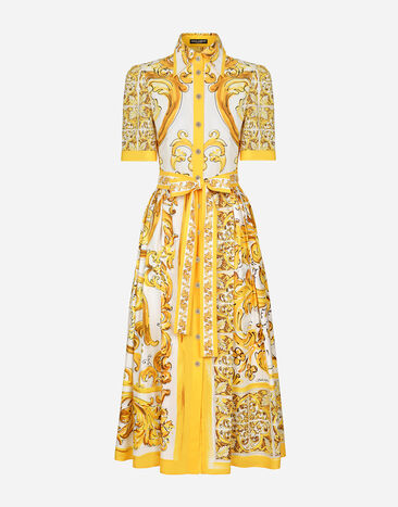 Dolce & Gabbana Платье-рубашка миди из хлопкового поплина с поясом и принтом майолики Отпечатки F6ADLTHH5A0