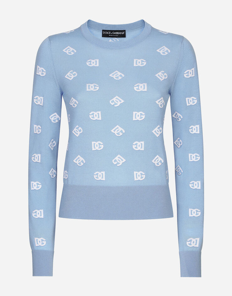 Dolce & Gabbana Pull en laine et soie jacquard avec logo DG assorti Bleu Ciel FXJ34TJFMGS