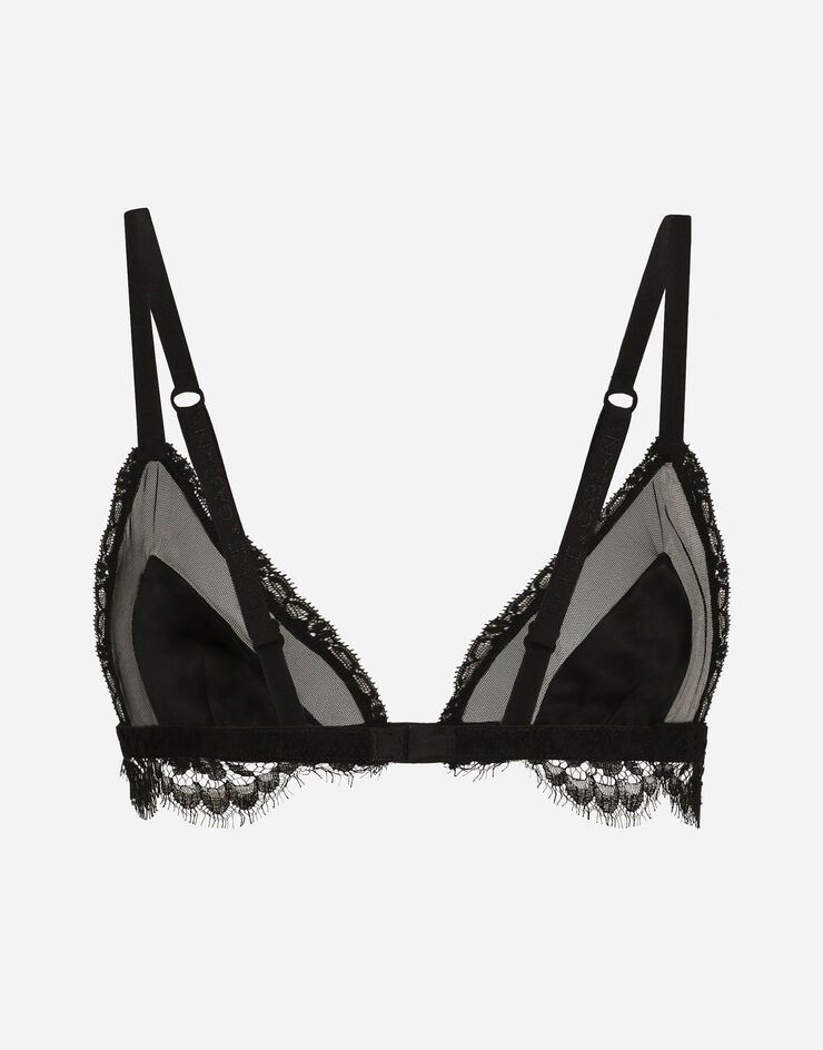 Satin, lace and tulle soft-cup triangle bra in Black for
