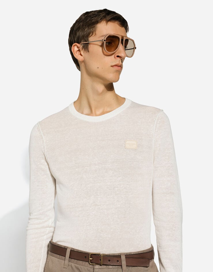 Dolce & Gabbana Jersey de cuello redondo de lino con placa con logotipo Blanco GXX02TJALAN