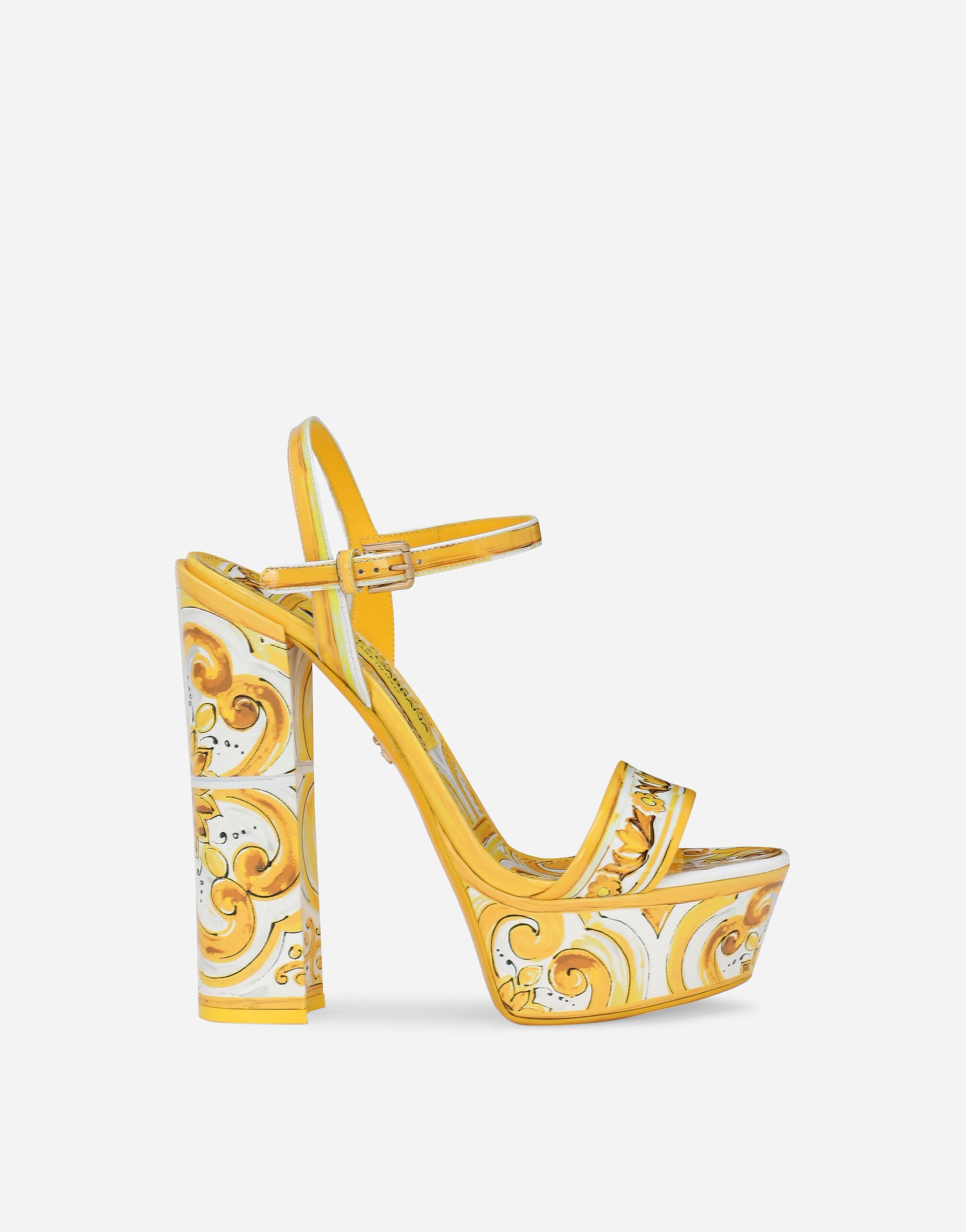 Dolce & Gabbana Polished calfskin platform sandals with majolica print White CR1354AT848